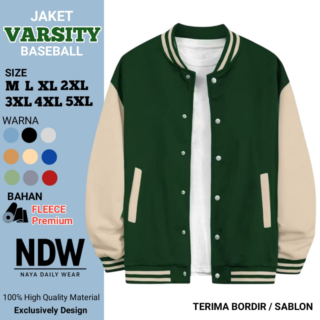 Jacket Varsity Baseball Kancing Polos Hitam Putih Pria Wanita Unisex Kekinian