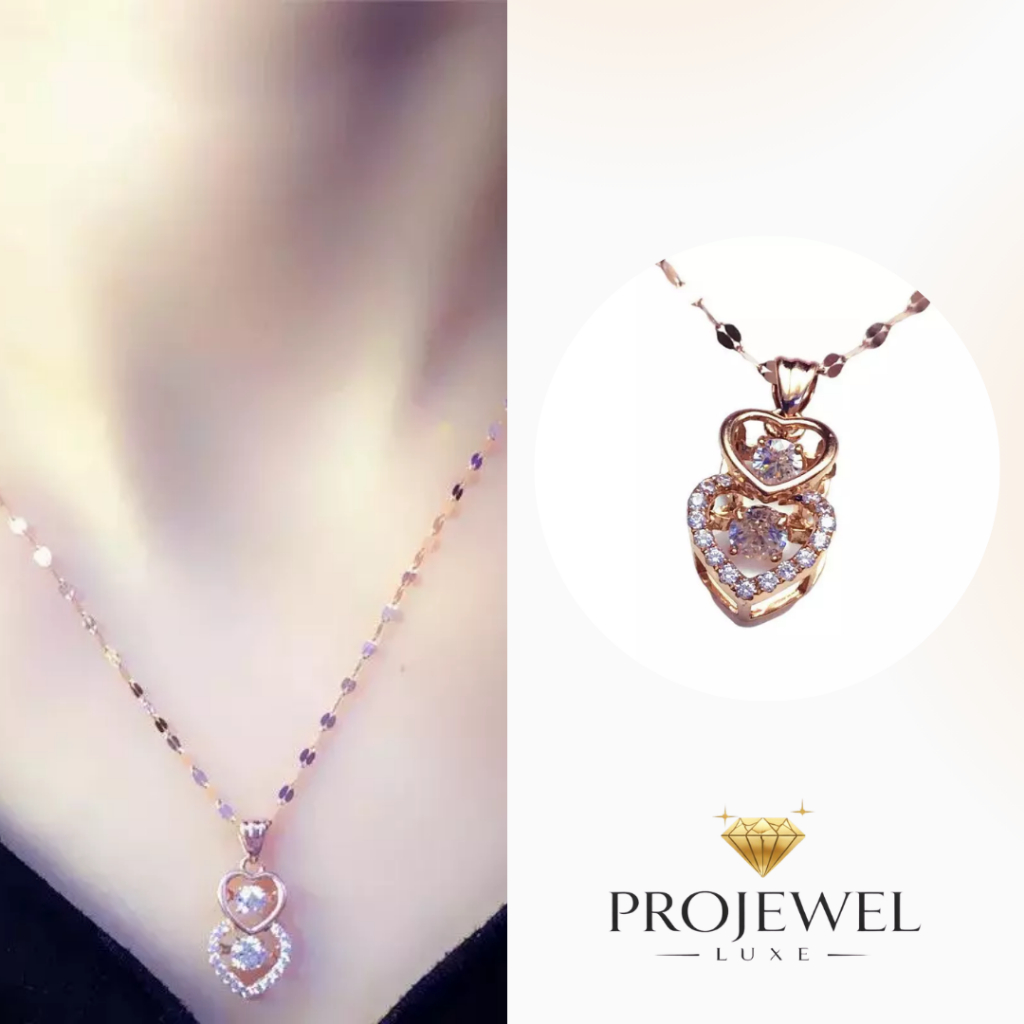 Kalung Anti Karat Premium Titanium Steel Pure 14K Rose Gold Double Heart Pendant Versatile Chain Lux
