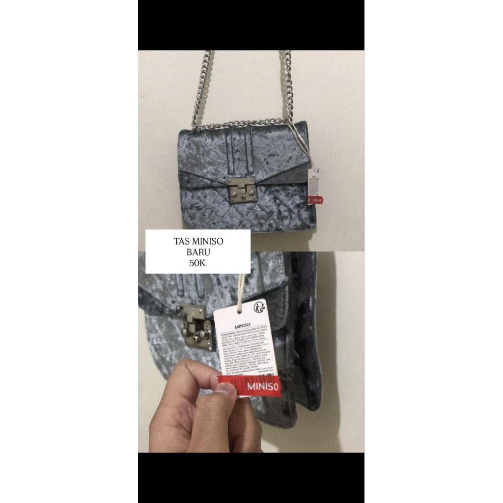 tas miniso sling bag abu abu tali rantai