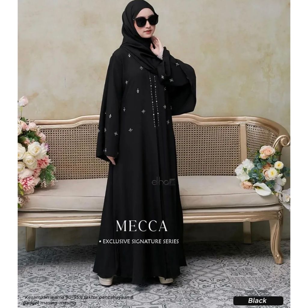 MECCA ABAYA Gamis Abaya Wanita Hitam Putih Mahogany Terbaru Material Ceruty Babydoll Mix Payet Mewah