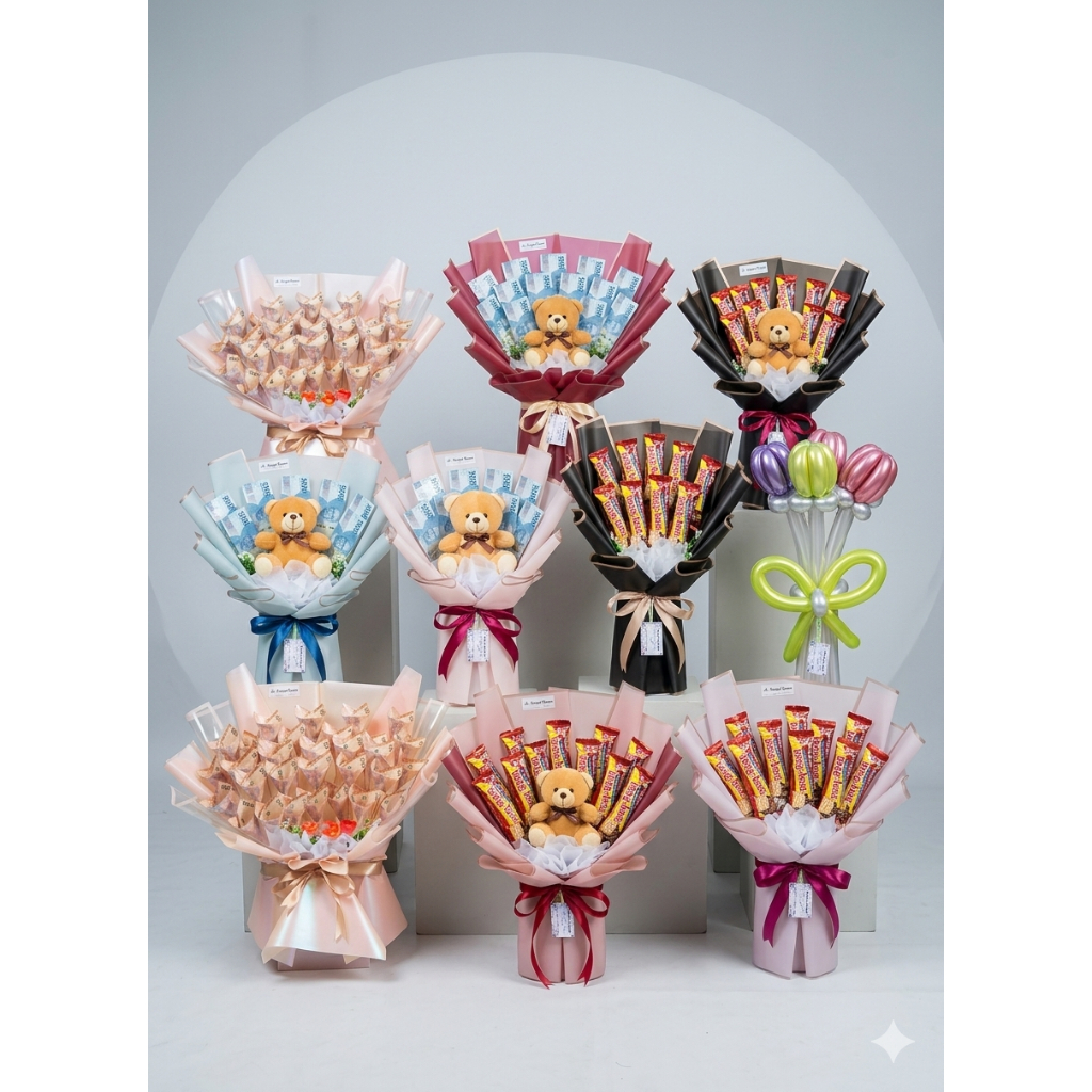 Buket uang,Boneka,bunga, snack, hijab,dan lainnya