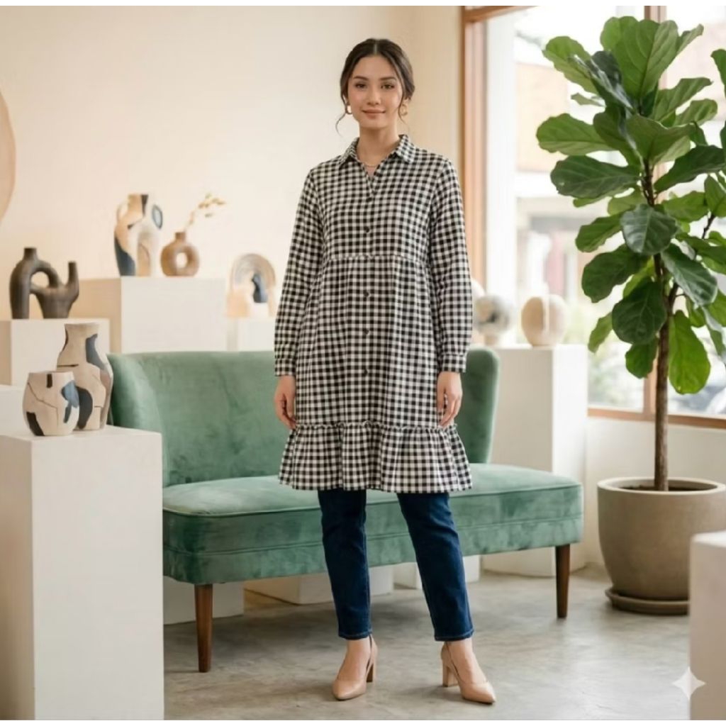 TUNIK KATUN KOTAK KOTAK TERBARU WANITA TUNIK KEKINIAN LEBARAN TUNIK TERBARU WANITA SIZE .S.M.L.XL.XX