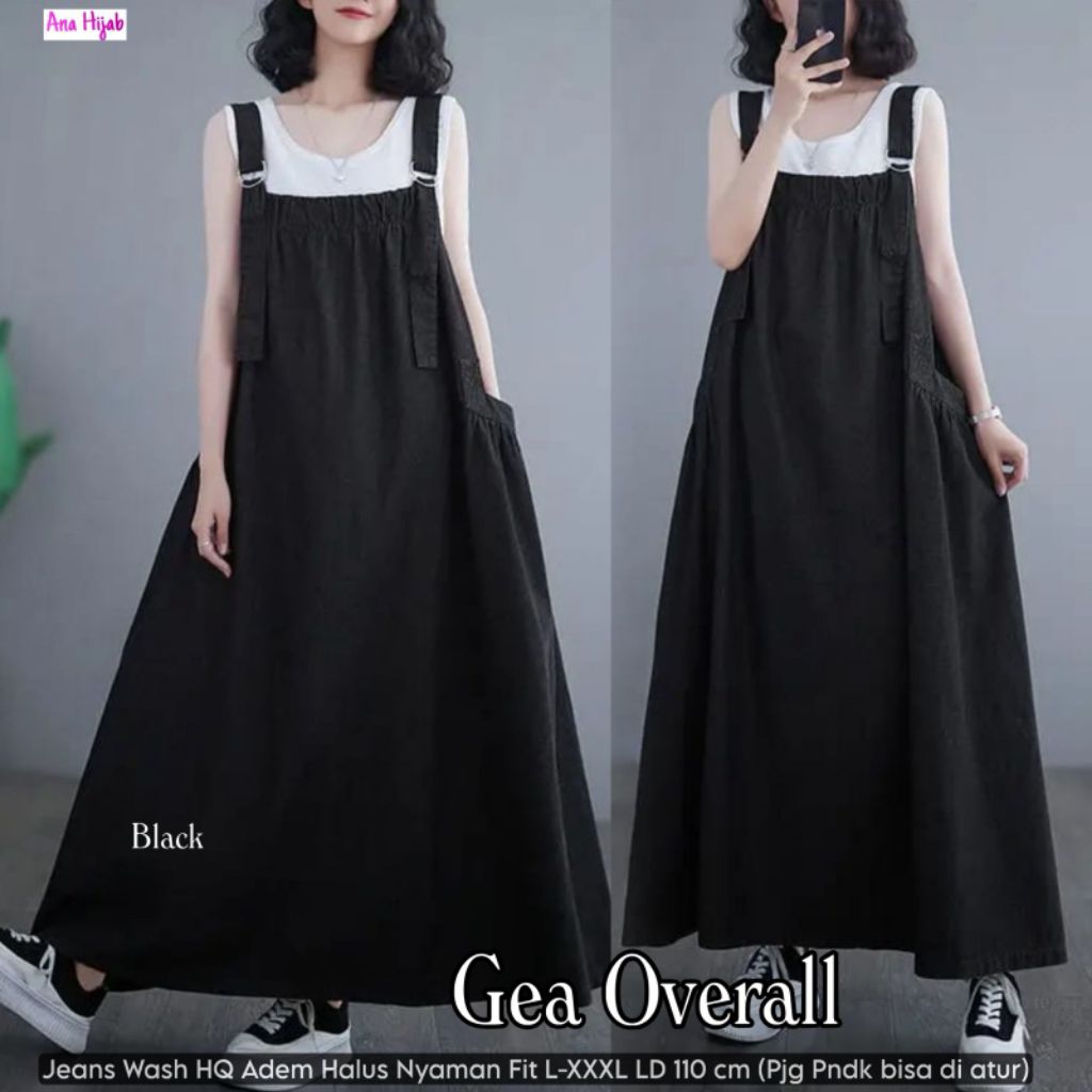 Gea Overall Dress Jeans Wanita Jumbo L-XXXL | Dress Denim Panjang Tali Adjustable | Overall Jeans Sn