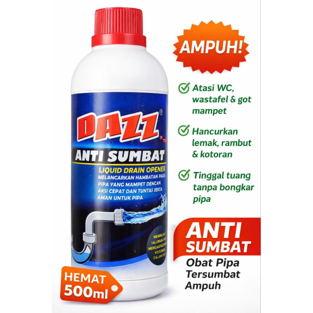 Cairan Pembuka Saluran Mampet DAZZ Anti Sumbat 500ml – Obat Pipa Tersumbat WC Wastafel Got Mampet Am
