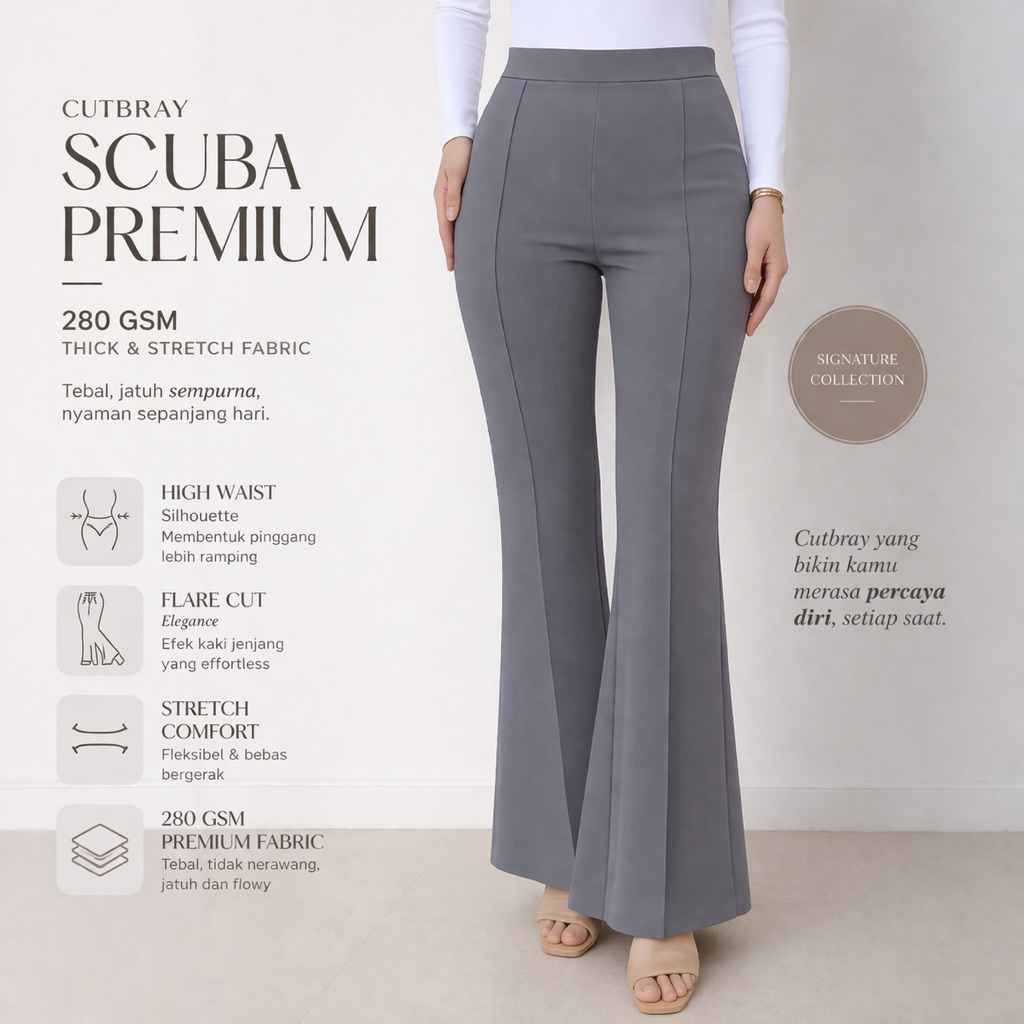 Twentypants - Celana Cutbray Scuba Wanita List Highwaist Premium Tebal 280GSM - Standar Jumbo Super 