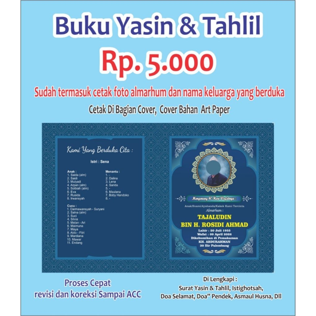 Buku Yasin Gratis Cetak Foto Dan Nama Keluarga Yang Berduka Yasin Murah Palembang