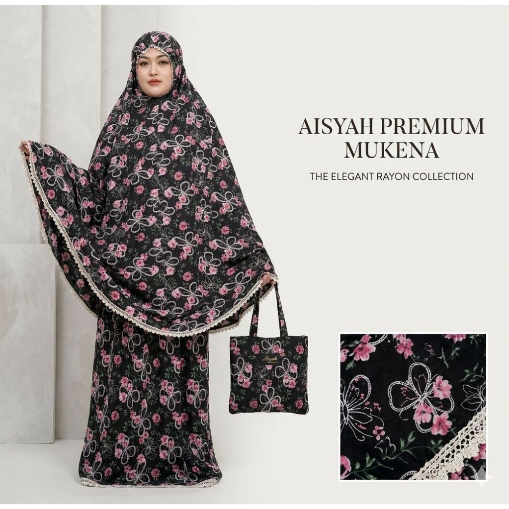 Mukena Dewasa Aisyah Premium Mukena Warna HITAM The Elegant Rayon Katun Lembut dan Adem