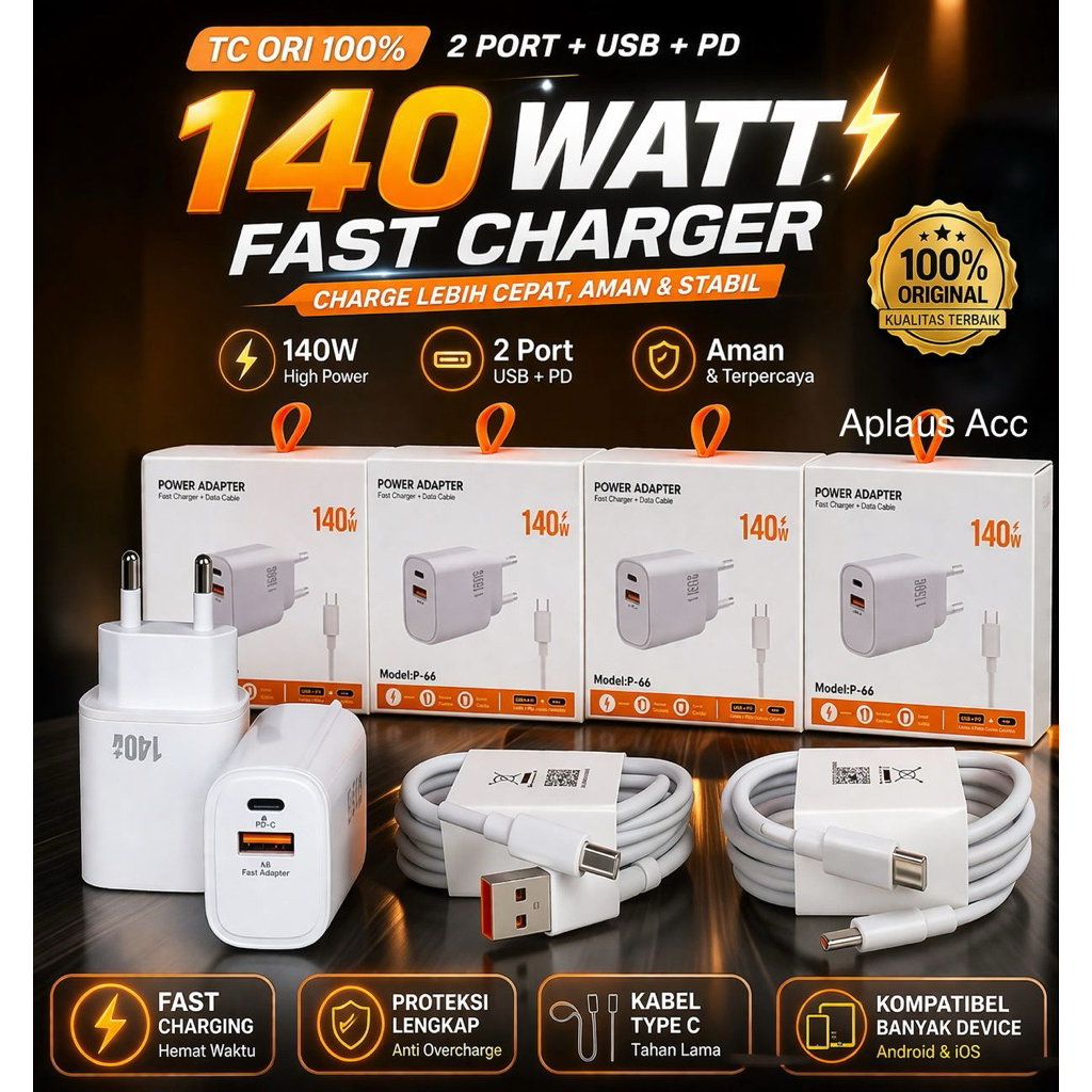 Charger Ori Fast Charging 2 Port 140W P-66 Android Universal Type C dan iphone Lightning Casan isi daya cepat Vooc