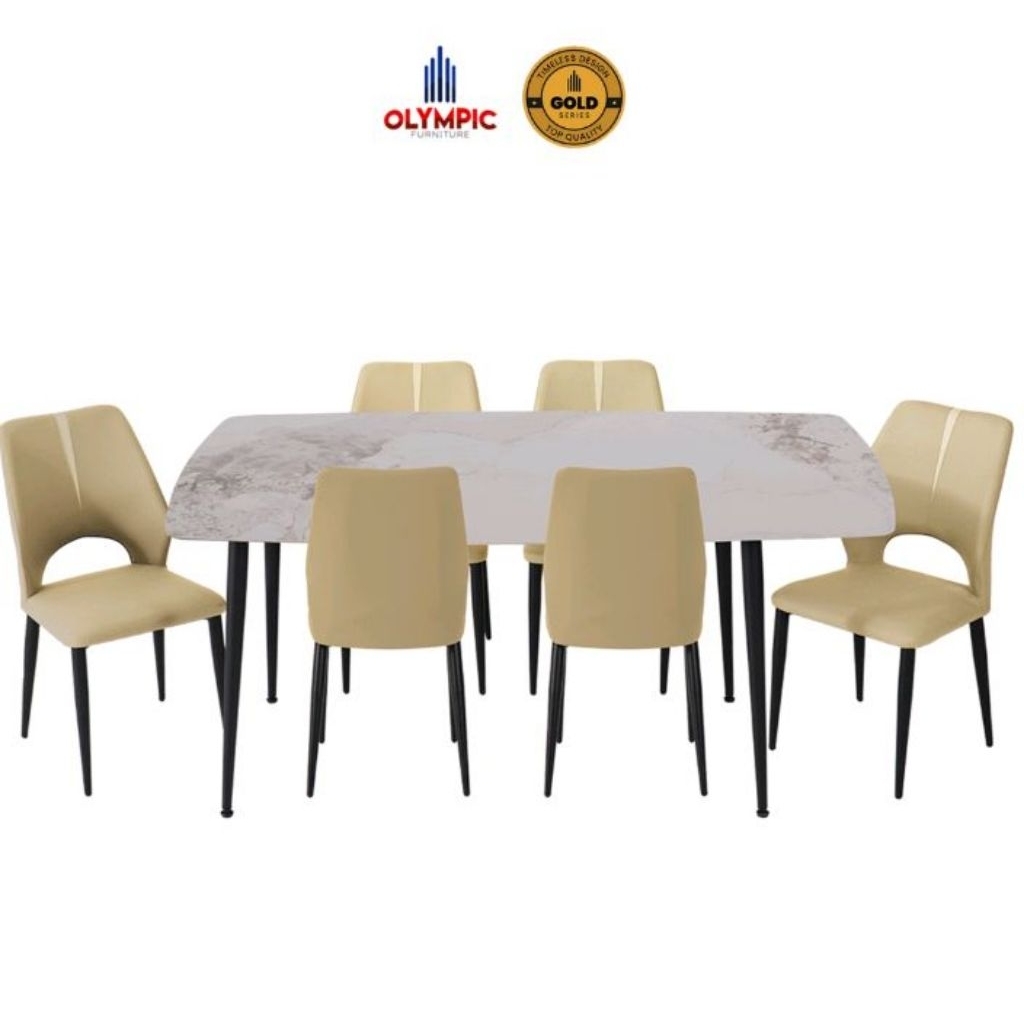 Olympic Meja Makan Marble 1 Meja 6 Kursi Aurora