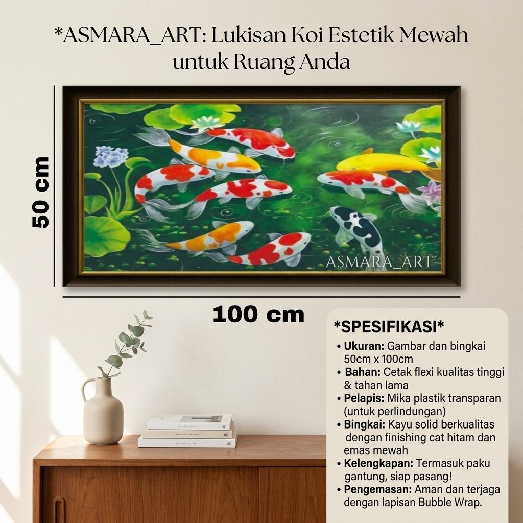 Hiasan dinding plus bingkai Lukisan ikan koi warna warni aesthetic ukuran jumbo 50x100cm