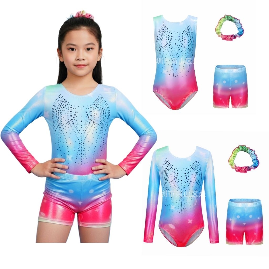 Set Leotard Senam Anak Perempuan Lengan Panjang dan Celana Pendek