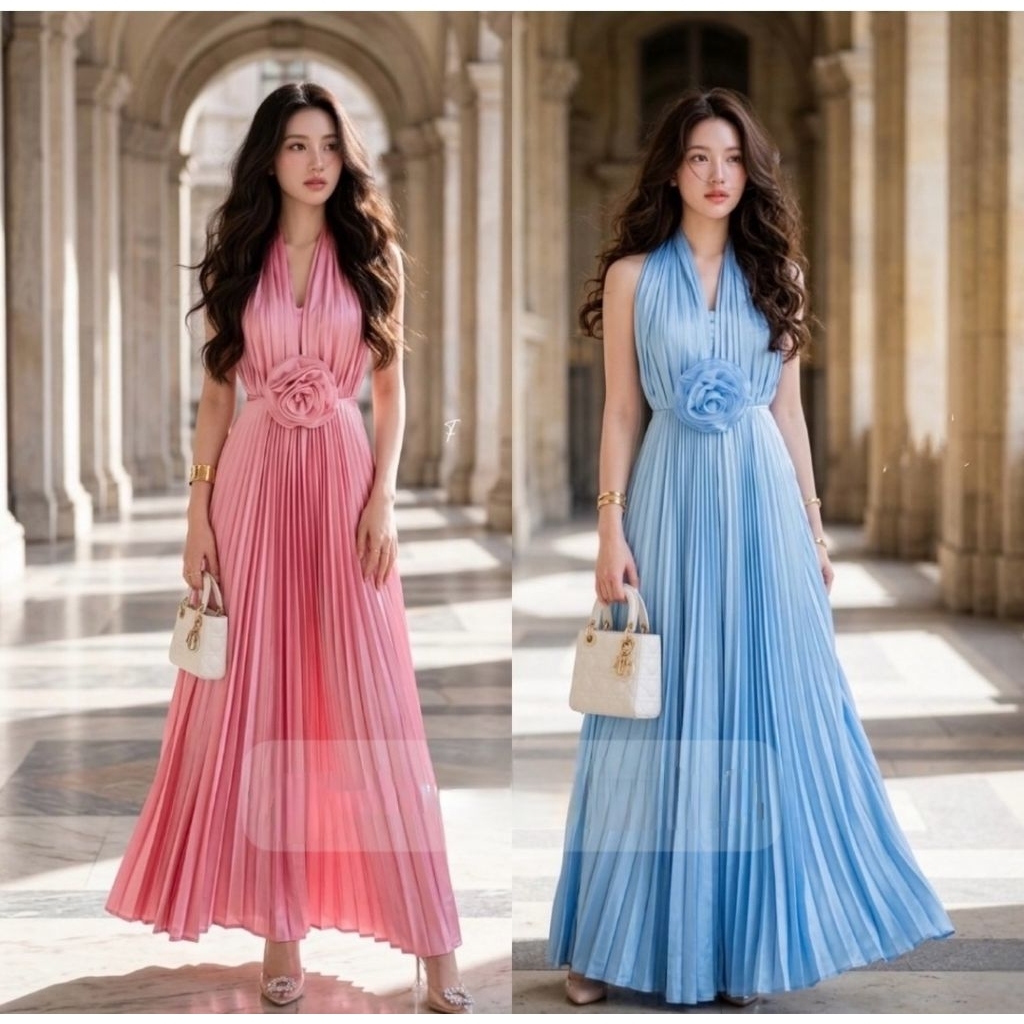 Plisket pleated dress gaun panjang 3d floral flower Mesh long gown wedding party outdoor event club 