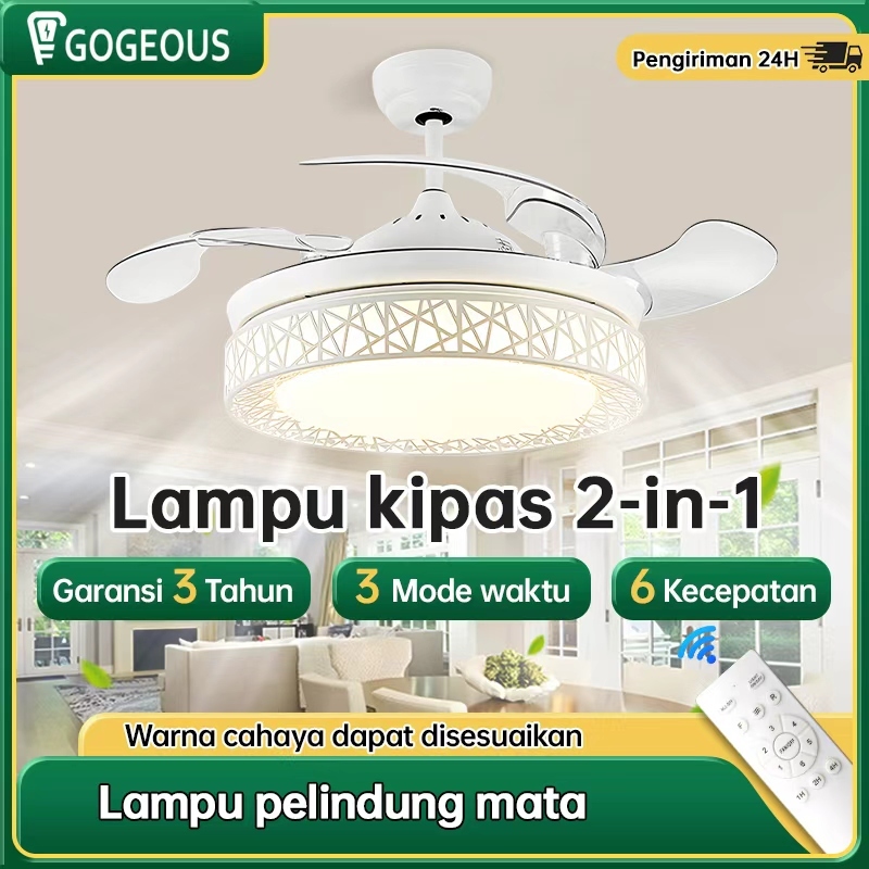 Gogeous lampu kipas angin gantung plafon kipas 3 warna sarang burung putih lampu kipas angin remote 