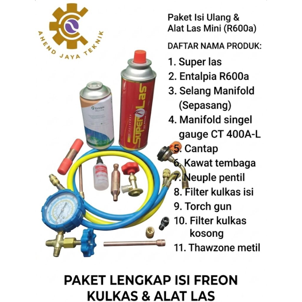 Paket lengkap alat isi ulang refrigerant ac mobil/showcase/freezer,Entalpia R600a dan super las  ala