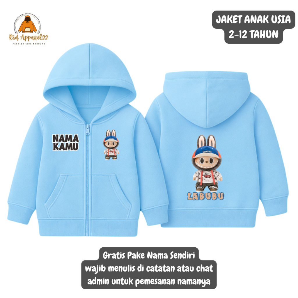 Jaket Zipper Labubu Anak Laki-laki / Perempuan Usia 2-12 Tahun Cewek Cowok Unisex