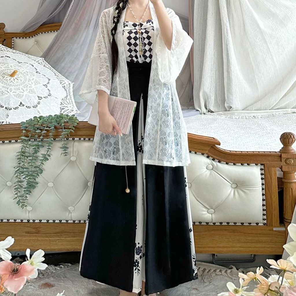(Ready Stock) Set Hanfu Asli Musim Semi Seru Kota [Pertengahan Musim Panas] Rok Tiga Lipat Gaya Dina