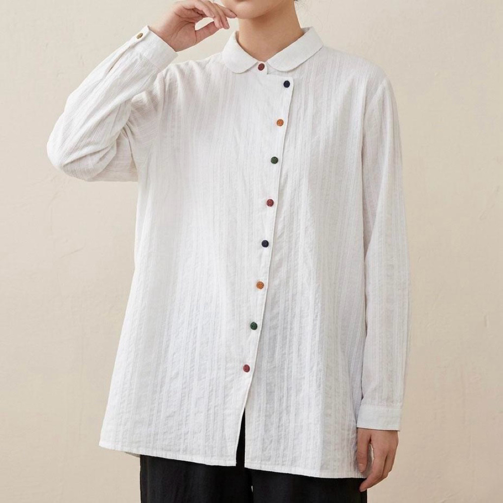 BLUS KEMEJA KATUN PUTIH GARIS KANCING SAMPING SERONG LENGAN PANJANG KOREA IMPORT
