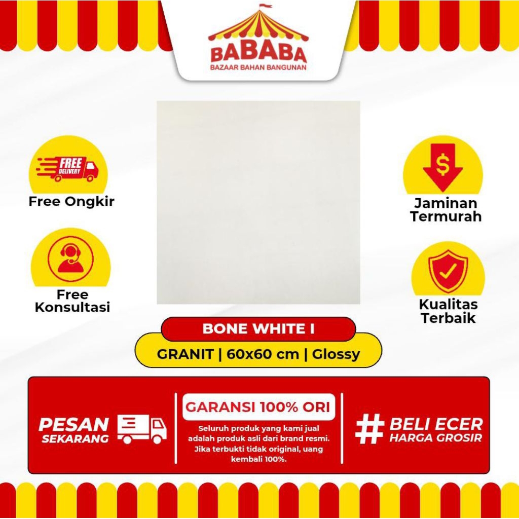 Granit Lantai Ukuran 60x60 Aman Bone White Glossy Kilap Polos Granit Rumah Sultan