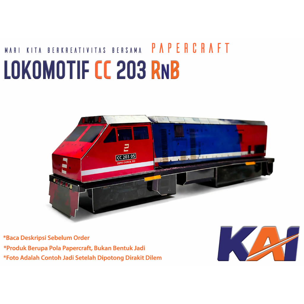 3D Papercraft Miniatur Kereta Api Indonesia Lokomotif CC 203 RnB Gerbong KAI Pola Kertas DIY