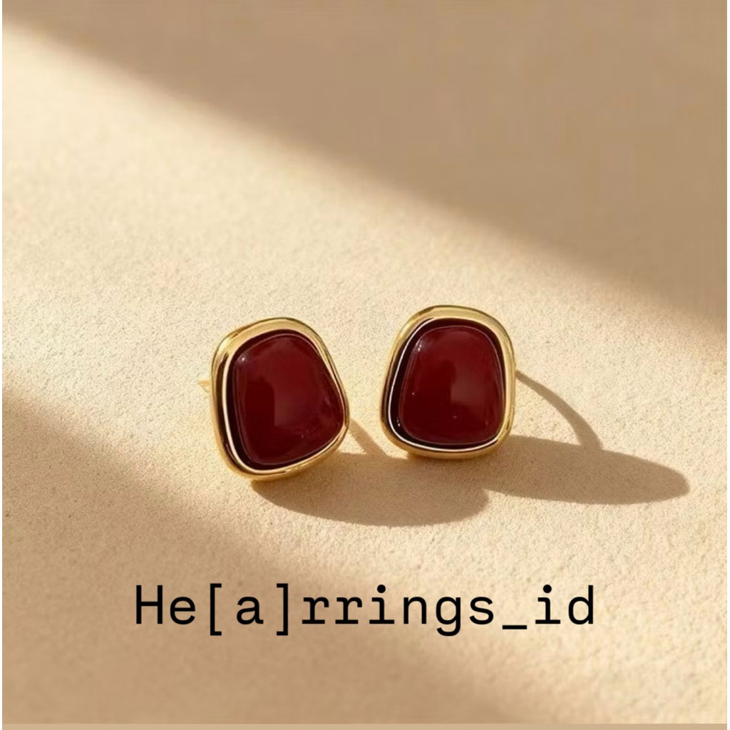 HEARRINGS_ID - Anting Batu Merah Vintage Gold Stud Anting Fashion Korea