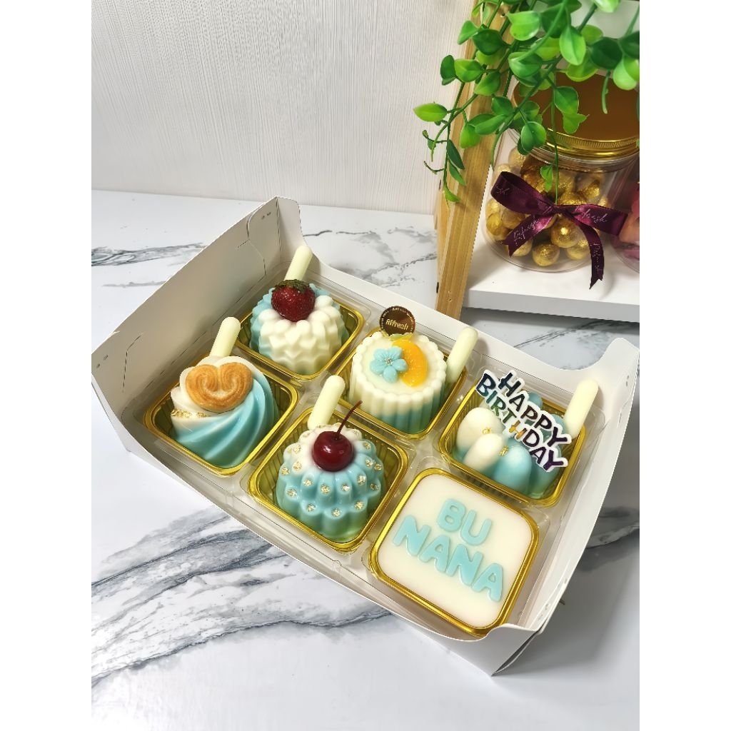 Puding Mini 6 Cup Premium Blueberry Leci | Dessert Box Cantik | Birthday / Hampers / Custom Nama