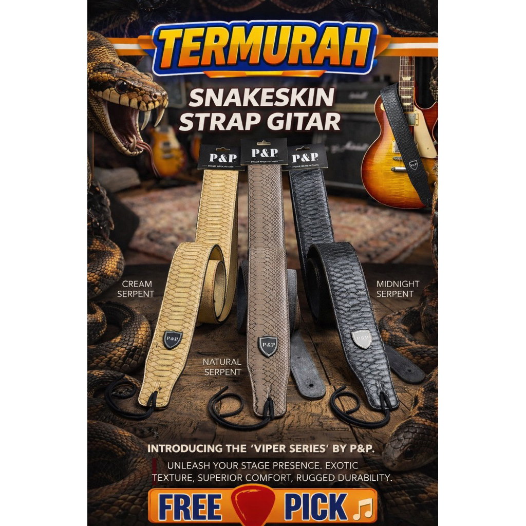Strap Gitar Kulit Premium Motif Ular Gratis Pick Gitar