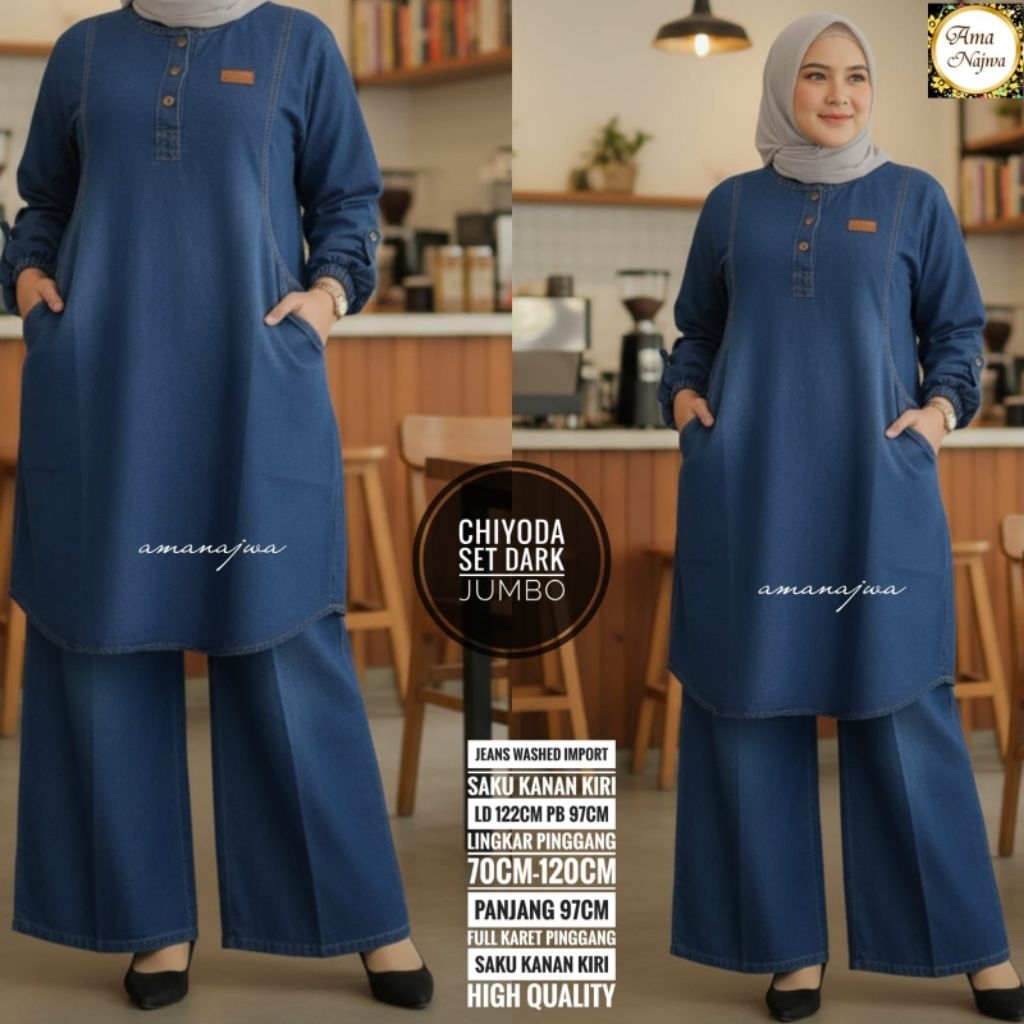 CHIYODA ONE SET JEANS JUMBO LD 122 SETELAN TUNIK WANITA MUSLIM BIGSIZE SETCEL JEANS TERBARU
