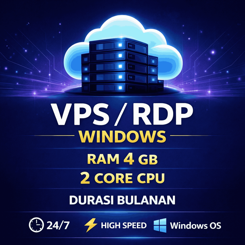 VPS RDP Windows RAM 4GB 2 Core CPU, High Speed, Windows OS, Durasi Bulanan, Full Admin, Anti Suspend
