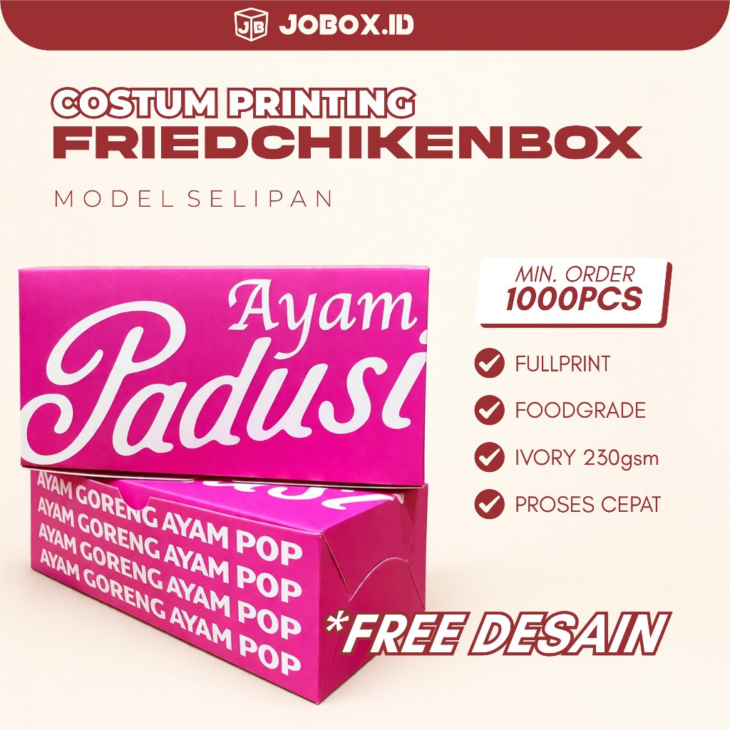 CUSTOM PRINTING FRIED CHIKEN BOX M IVORY 18x9x6 / Box Ivory / Dus nasi ayam  / / Box fried chiken / 