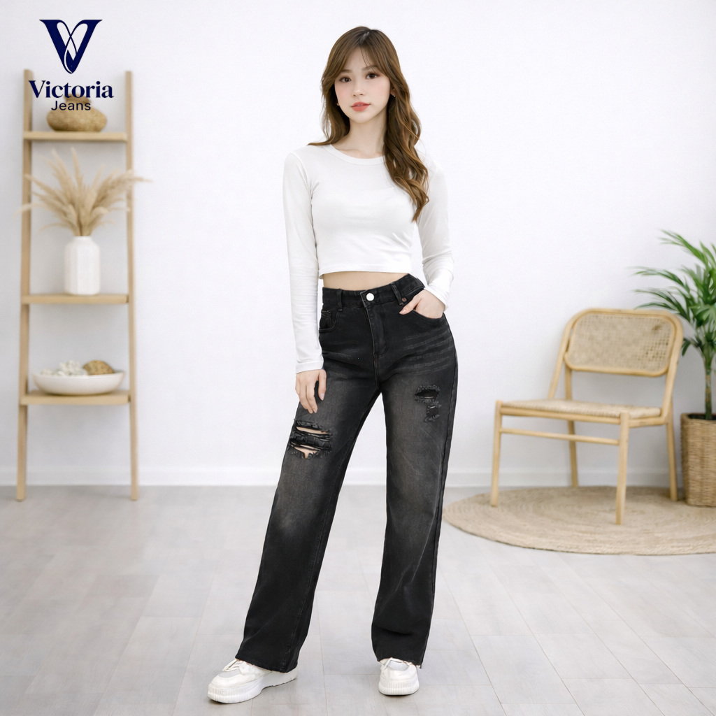 Victoria Jeans - Celana Jeans Ripped Jumbo Wanita | Pinggang Karet Highwaist | Casual Street Style  