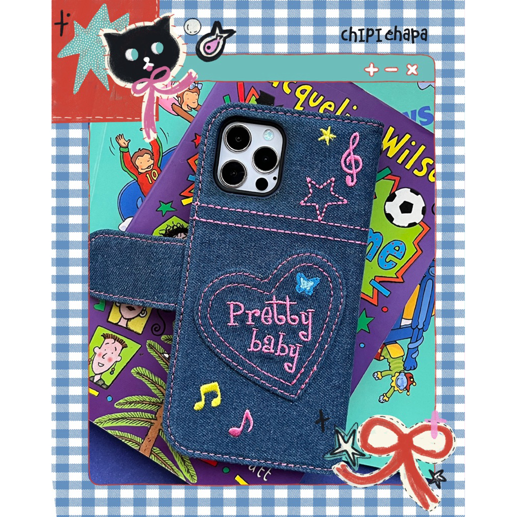 CHIPI CHAPA Rubbies Room “Pretty Baby” Denim iPhone Case – Y2K Aesthetic Jeans Cover with Keyring