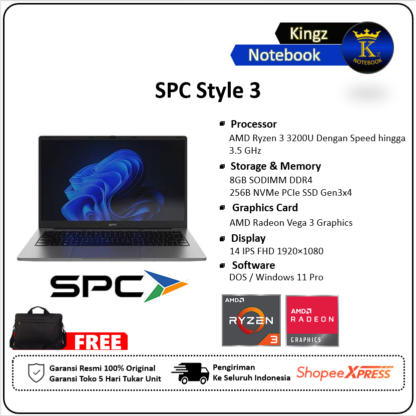 Laptop SPC Style 3 Ryzen 3 3200U 8GB 256GB Win11 14" FHD