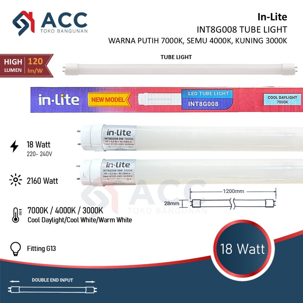INLITE INT8G008 18W 18 WATT LED TL T8 LAMPU T8 TUBE LIGHT PUTIH KUNING