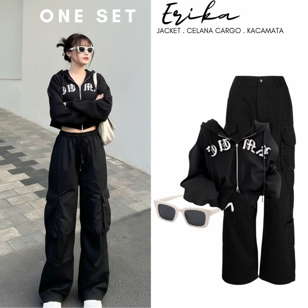 Erika One Set Korean Setelan Ootd Tomboy | Jacket Crop - Celana Cargo - Kacamata | Outfit Set Skena 