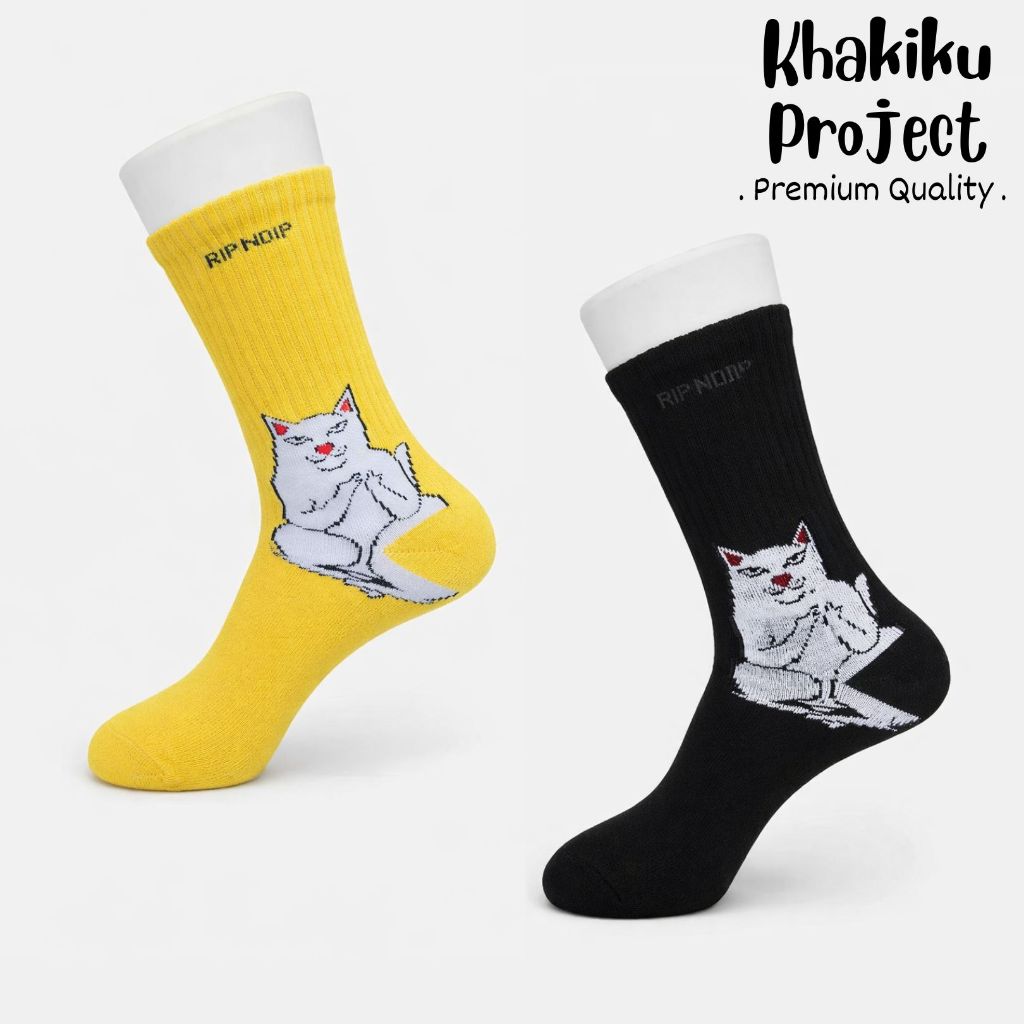 KhakikuProject Kaos Kaki Pria Wanita Crew Motif Kucing Ripndip Hitam Kuning Kaos Kaki Aesthetic Lucu
