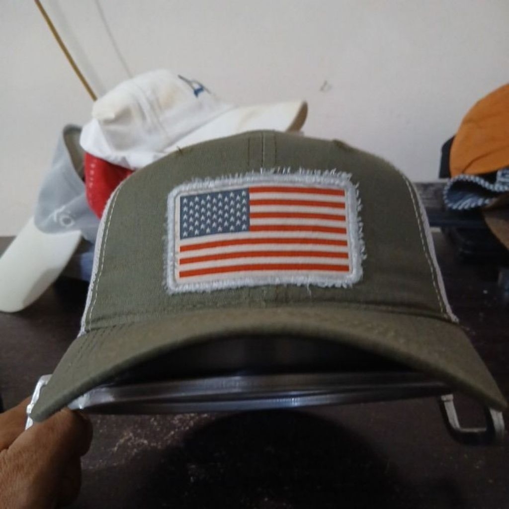 Topi tracker vintage warna army logo pet bordir OUTDOOR CAP second Original allsize stelan strap lin