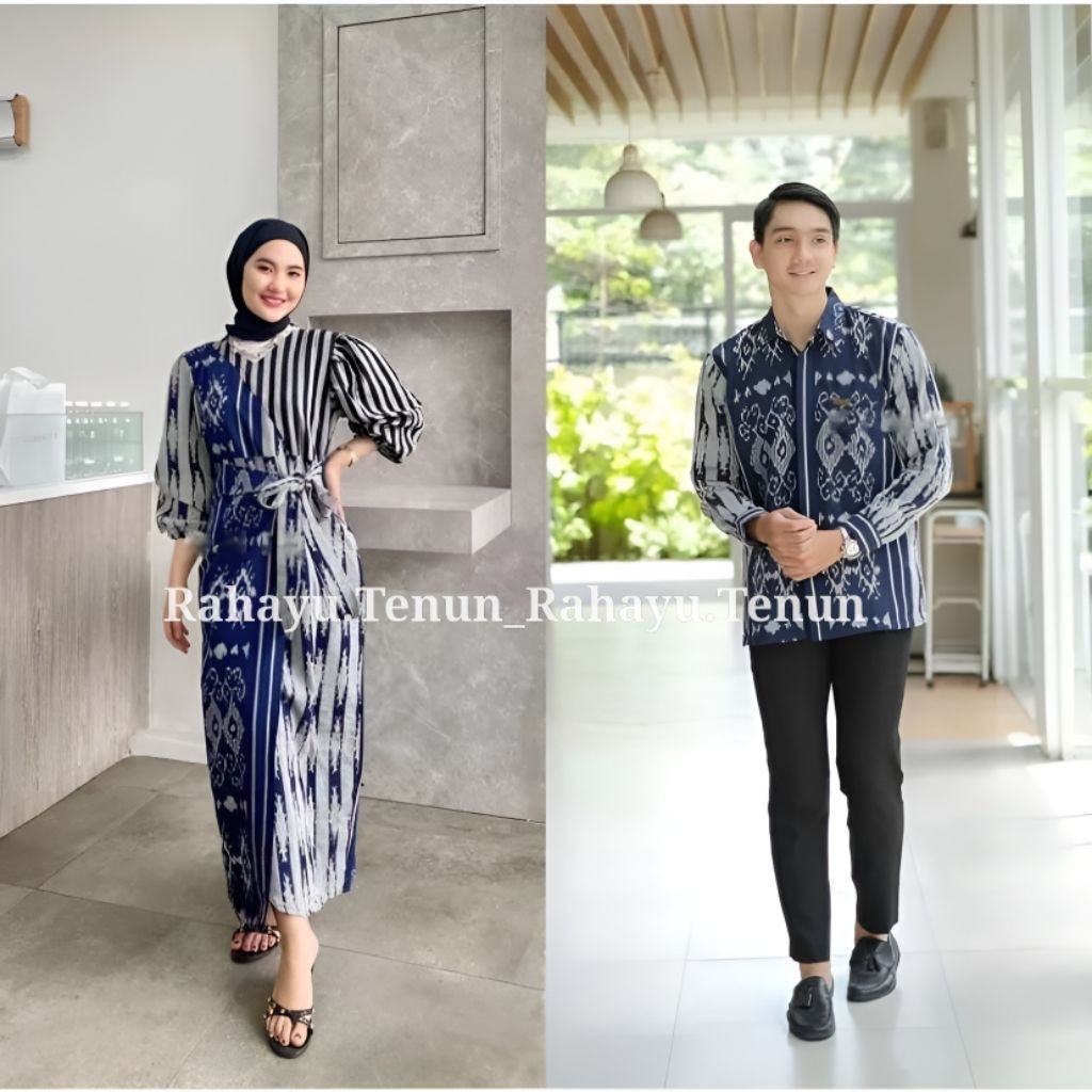 Set Couple Marline Dres Navy Abu baju tenun pasangan pria wanita kondangan prewedding guru kartinian