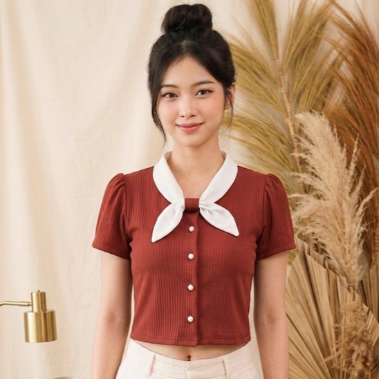 Yukika Wiona Top - Atasan Wanita Kekinian Korean Sailor Crop Top - Blouse Lengan Pendek - kancing va