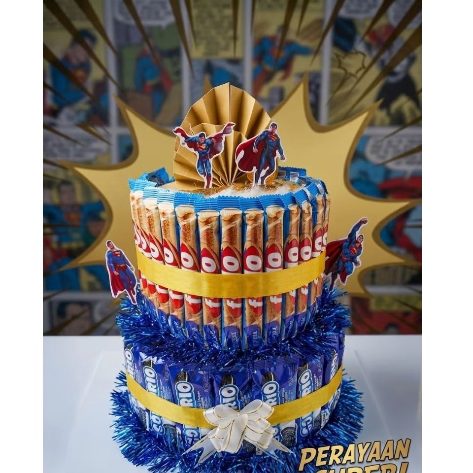 Snack Tower 2 Tingkat karakter anak cowo + Lampu LED & Bisa Tarik Uang Snack Cake Hadiah Ultah