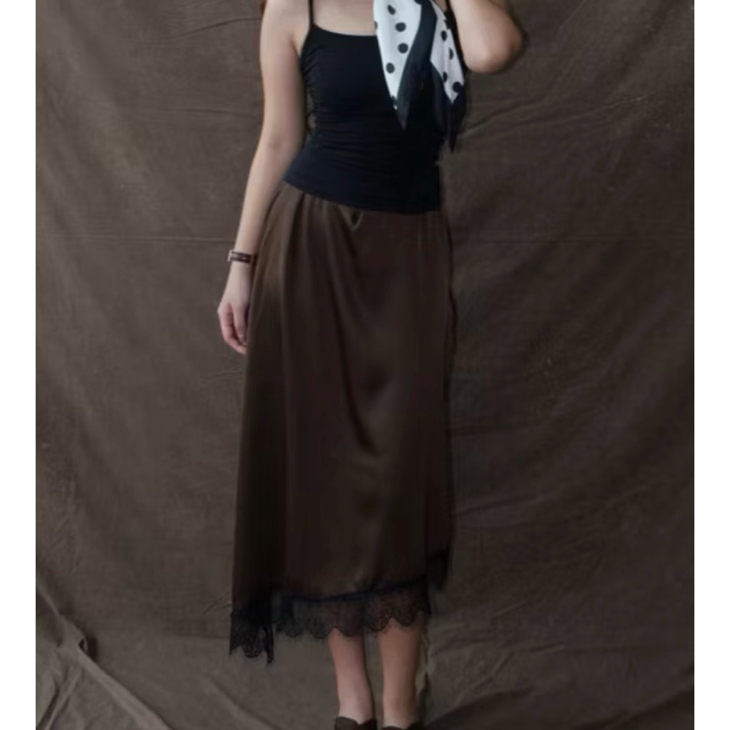 preloved brown lace satin midi skirt / asymmetrical satin skirt