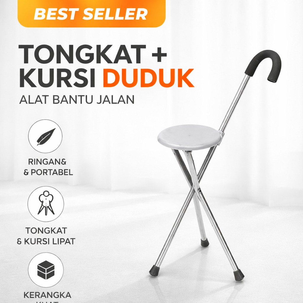 Tongkat Duduk Kursi Lipat Stainless Steel 2in1 – Tongkat Jalan Kursi Portable Lansia Kuat Ringan