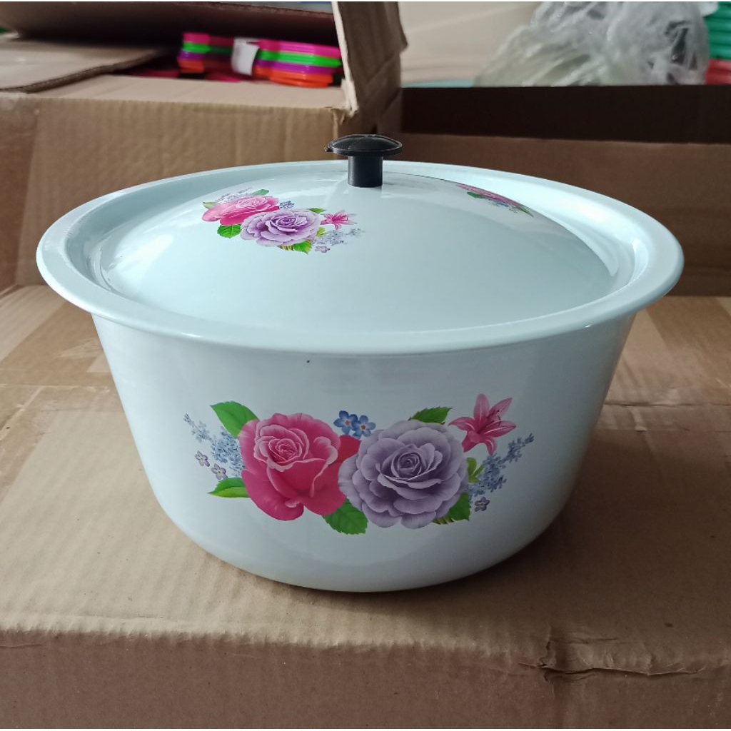 Baskom Tutup Enamel 21Cm Motif Bunga / Baskom Serbaguna
