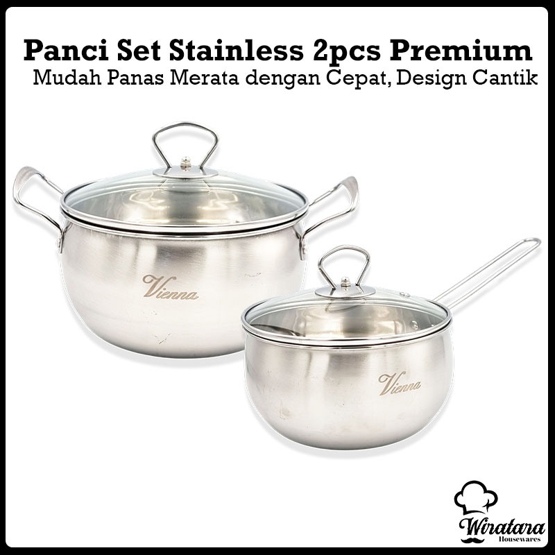 Vienna Panci Set 2pcs Premium Stainless + Tutup Kaca | Panci Mpasi | Panci Soup | Panci Rebus Sup