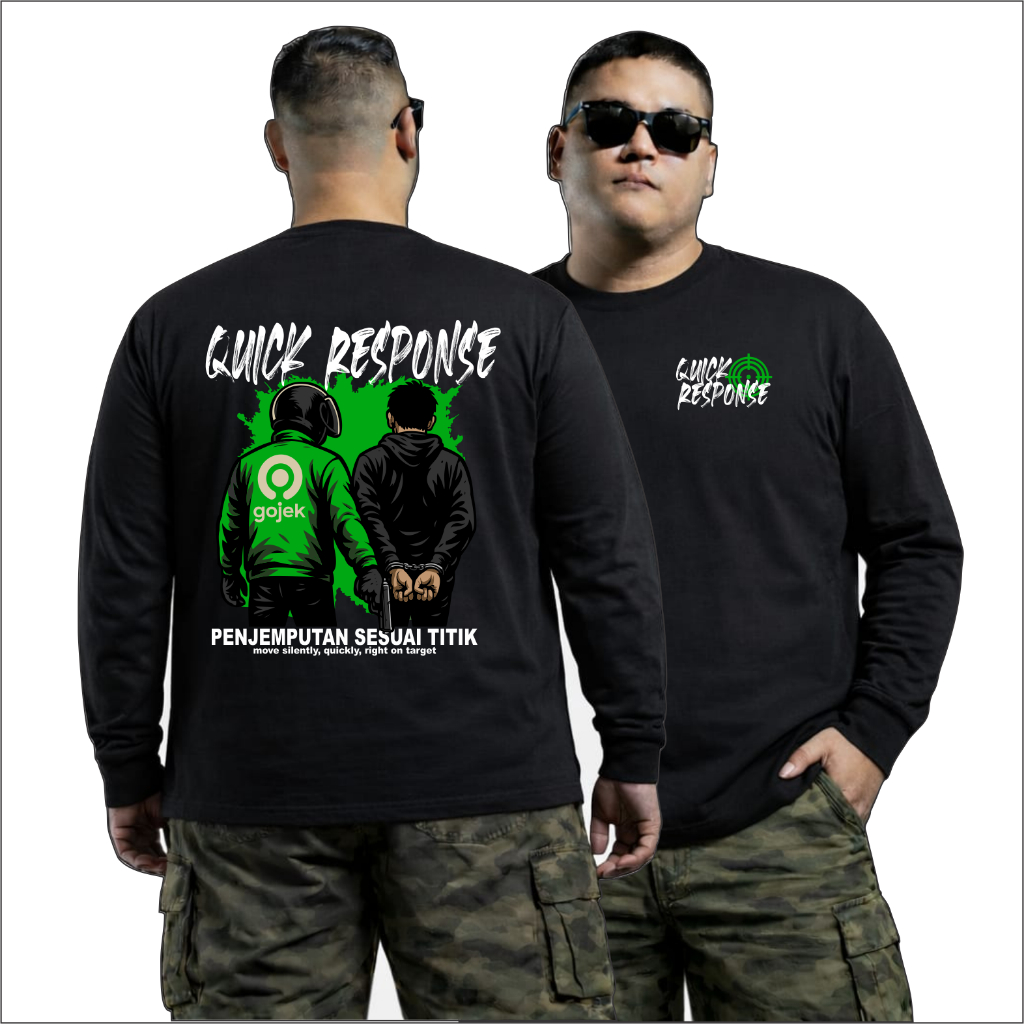 KAOS QUICK RESPONSE VERSI OJOL PRIA WANITA LENGAN PANJANG LENGAN PENDEK HITAM SABLON DEPAN BELAKANG