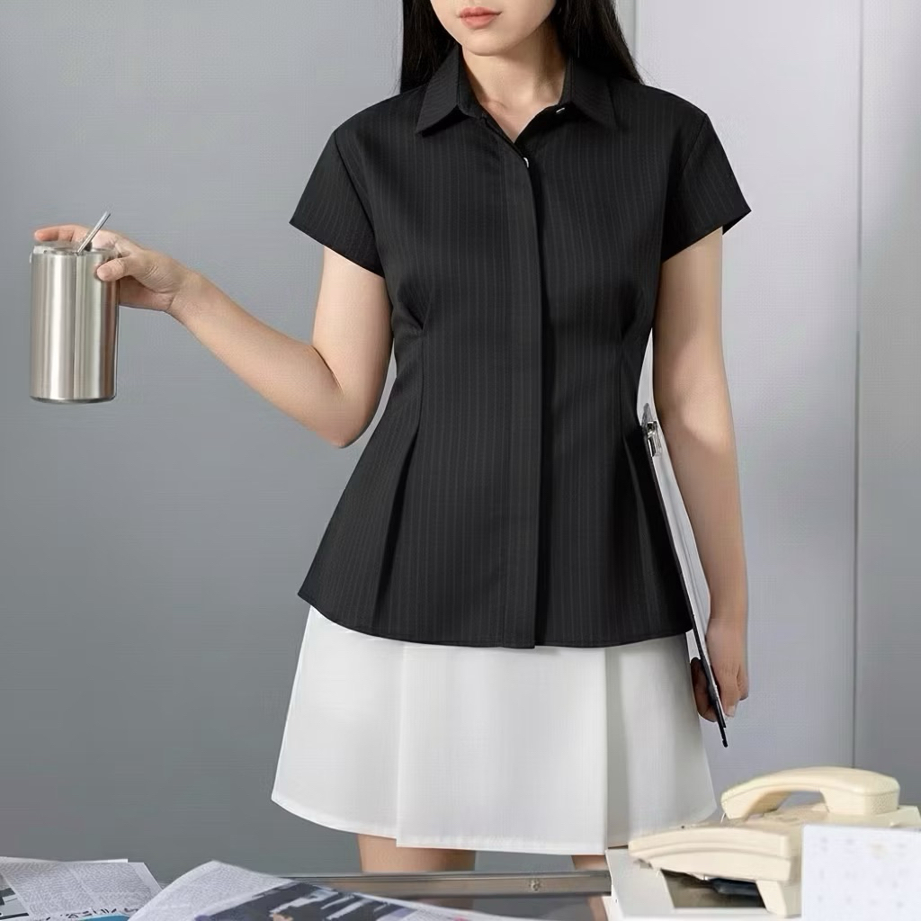 ARBA TOP / Kemeja Fitted Kemeja Kerja Wanita Blus Garis-Garis Lengan Panjang