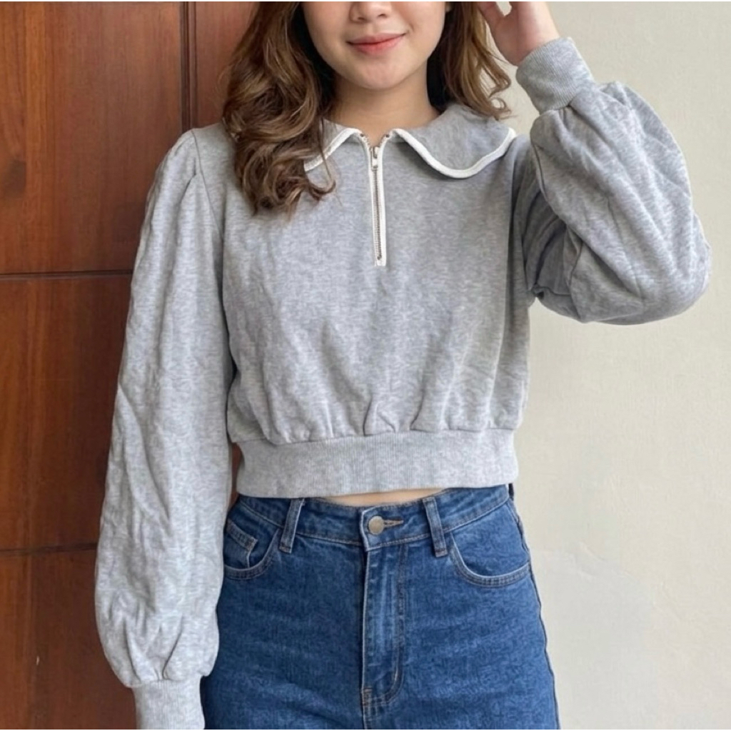 sailor halfzipper crop sweater - sweater puffy- sweater rajut lengan balon - sweater kerah - crewnec