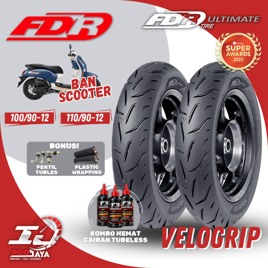 [PAKET DEPAN + BELAKANG] FDR VELOGRIP RING 12 (100/90-12 / 110/90-12) BAN LUAR TUBELESS / TUBLES /UN