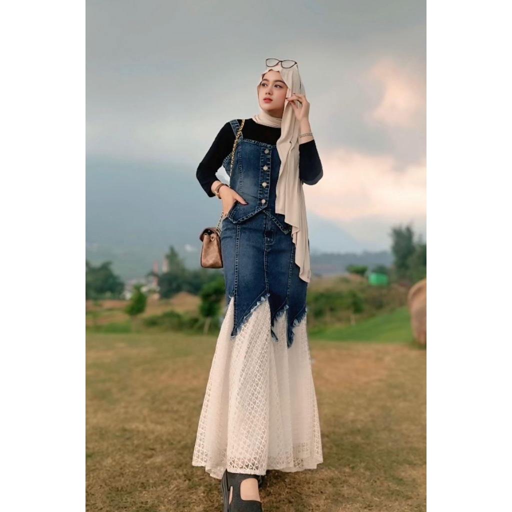Ella Trendy Setelan Rok Jeans Mix Brukat Sherly