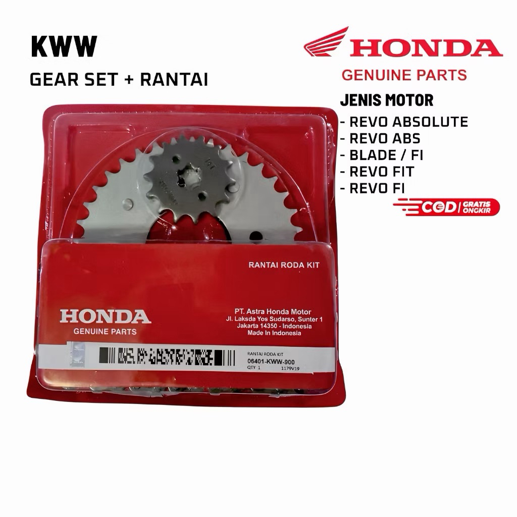 GEAR SET RANTAI ORIGINAL HONDA REVO 110/ REVO ABSOLITE/ REVO FI/ BALDE FI/ HONDA BLADE KODE KWW/ GEA
