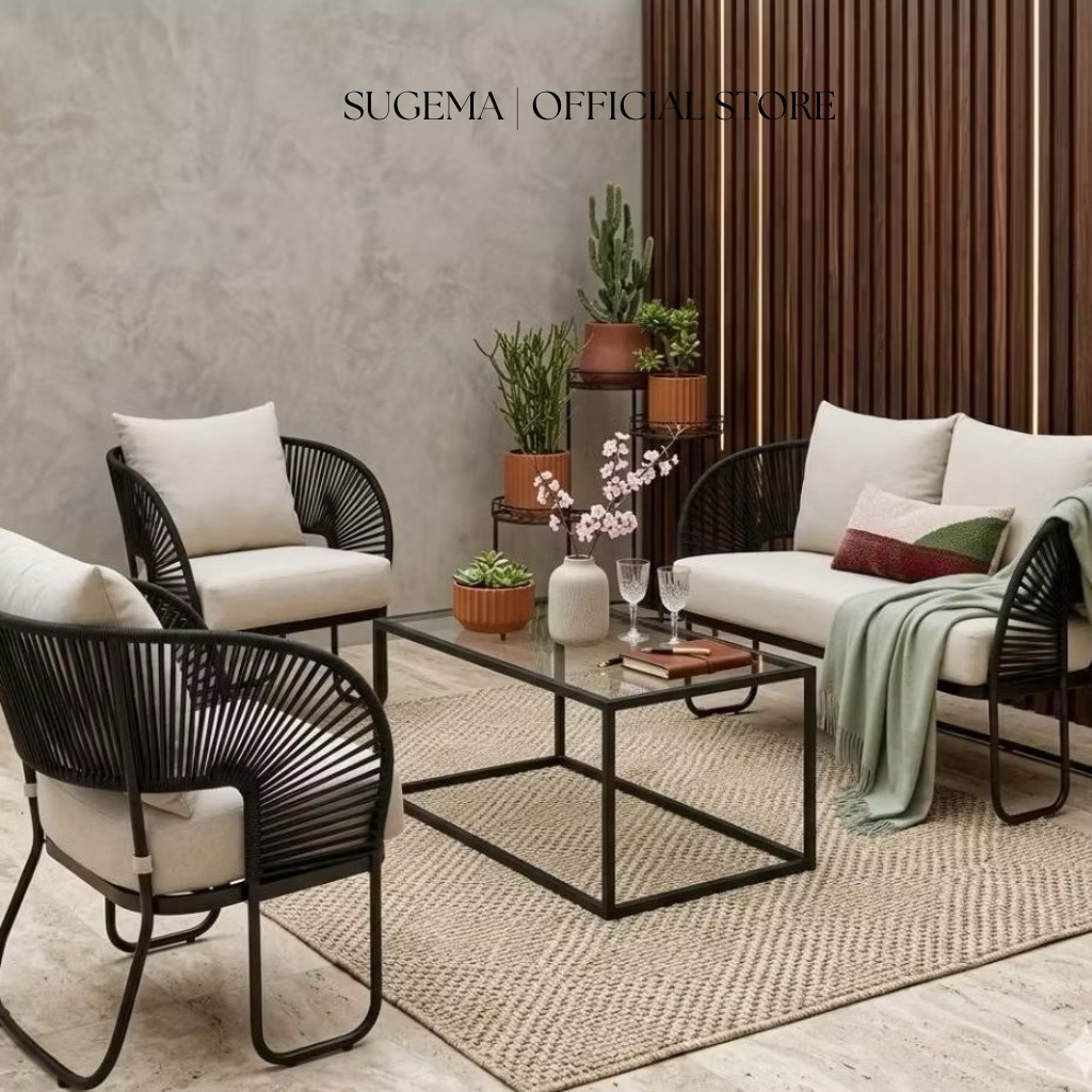 SET KURSI TERAS MINIMALIS ROTAN SINTETIS 4 SEATER (4 Kursi + 1 Meja)